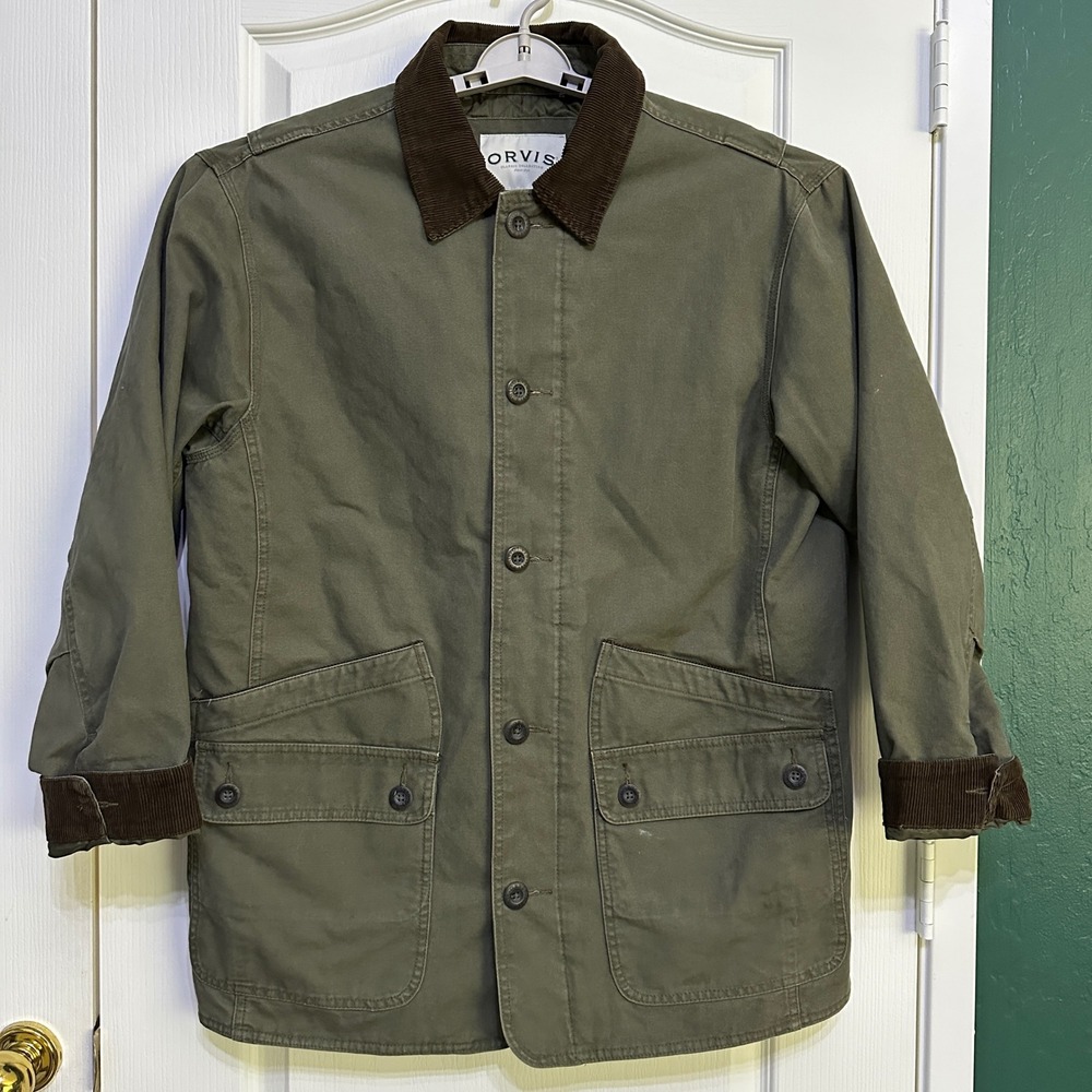 Orvis Barn Jacket Mens Large Olive Green Corduroy Collar Quilt Lined Field Coat